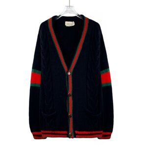 Gucci Black Wool Striped V-Neck Long-Sleeve Knitted Cardigan M Made In Italy